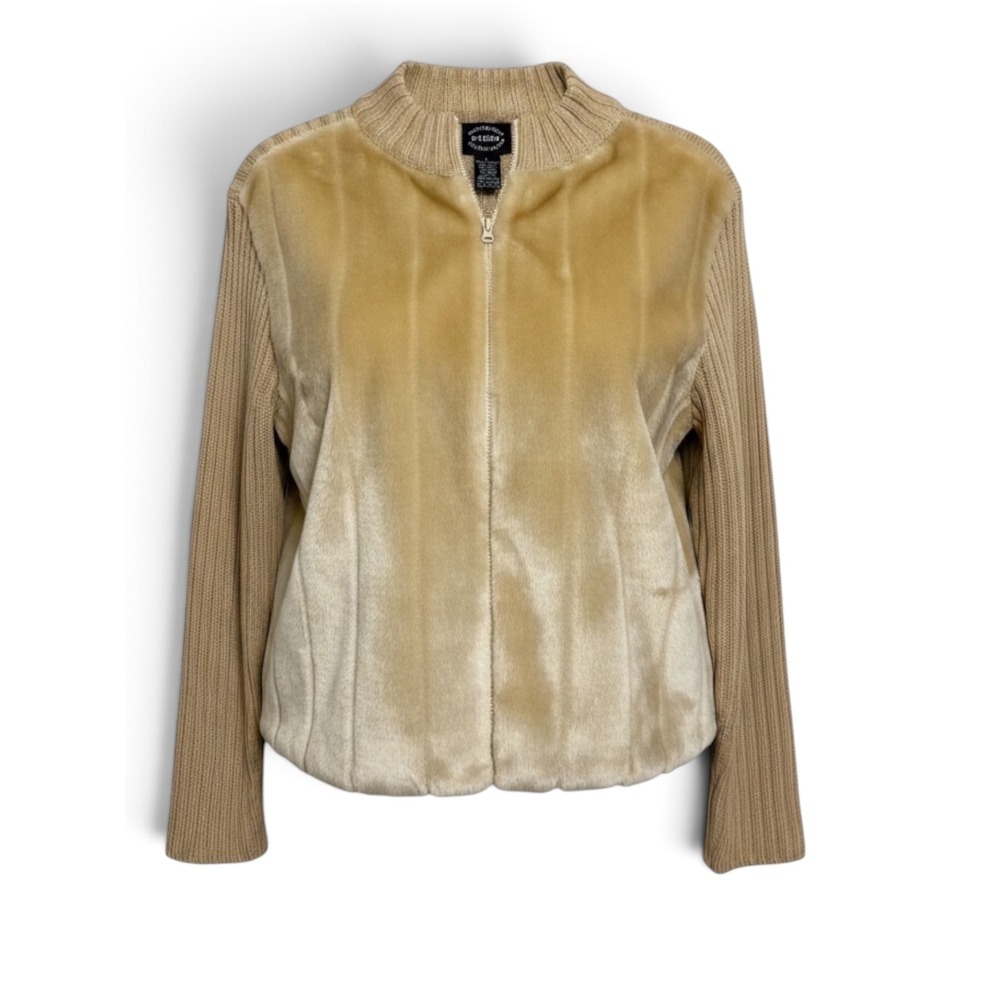 Designers Studio Originals Tan Faux Fur Front Ribbed Knit Zip Cardigan Sz Large
